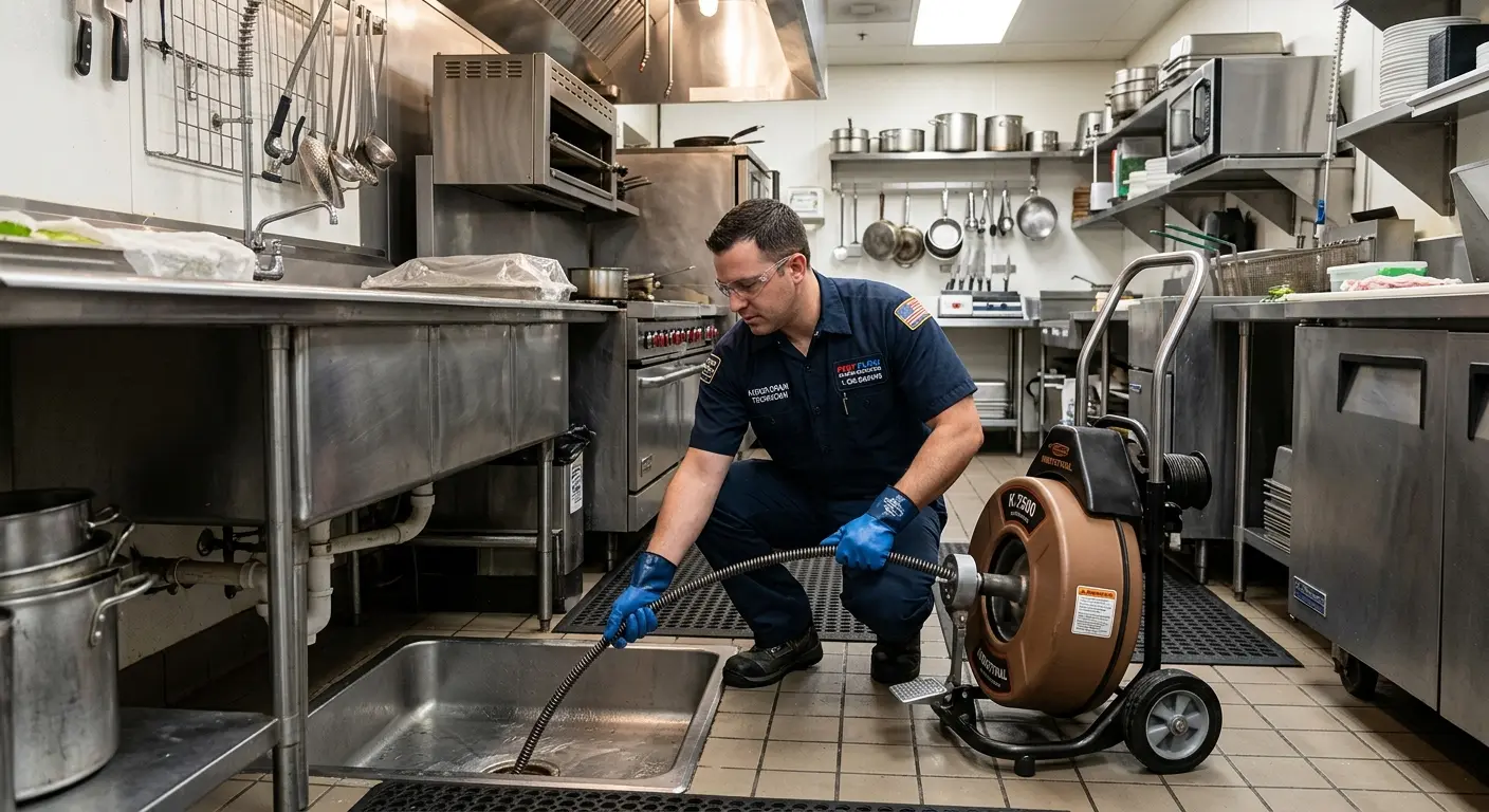 Commercial drain cleaning service in a restaurant kitchen in Orange