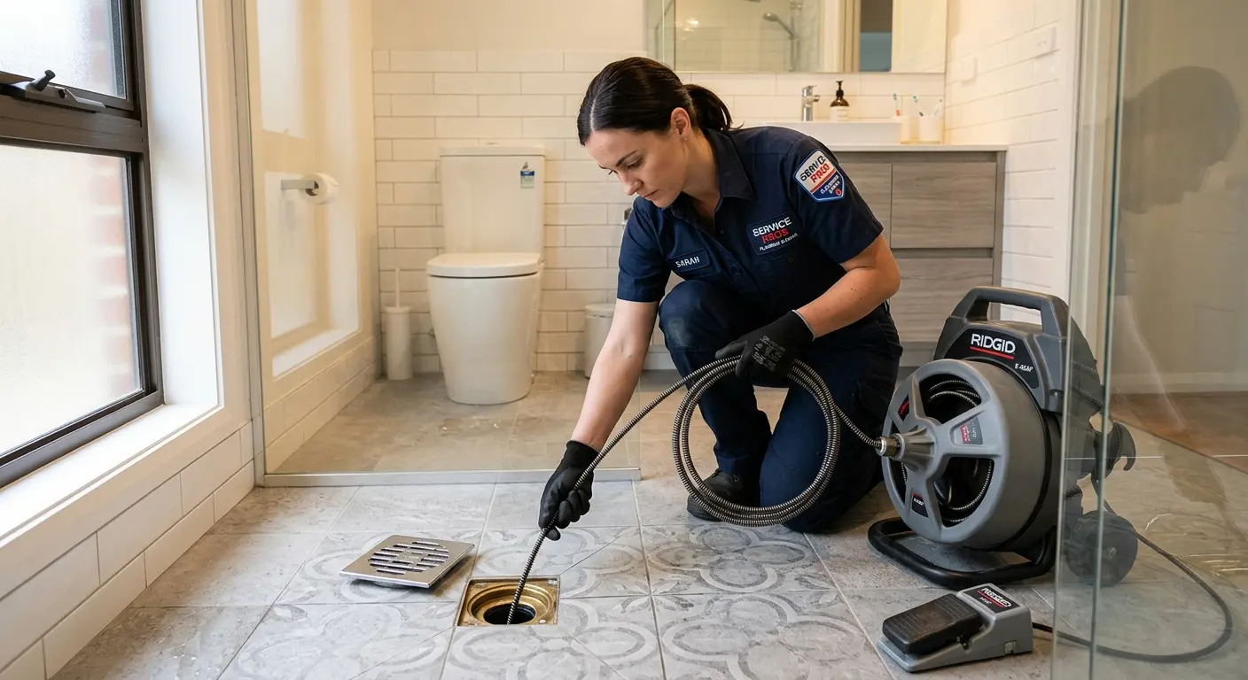 Technician clearing a bathroom floor drain for Sewer Line Installation in Orange